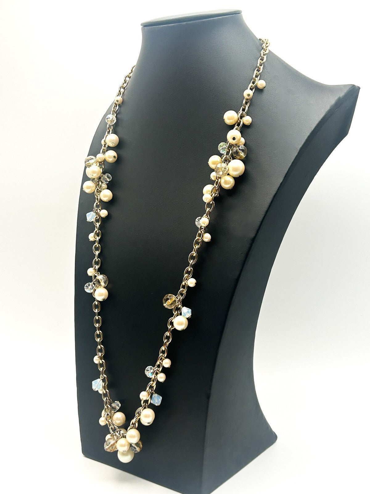 Carolee Gold Tone Faux Pearl Cluster Necklace Long Chain AB Crystal 33” Signed