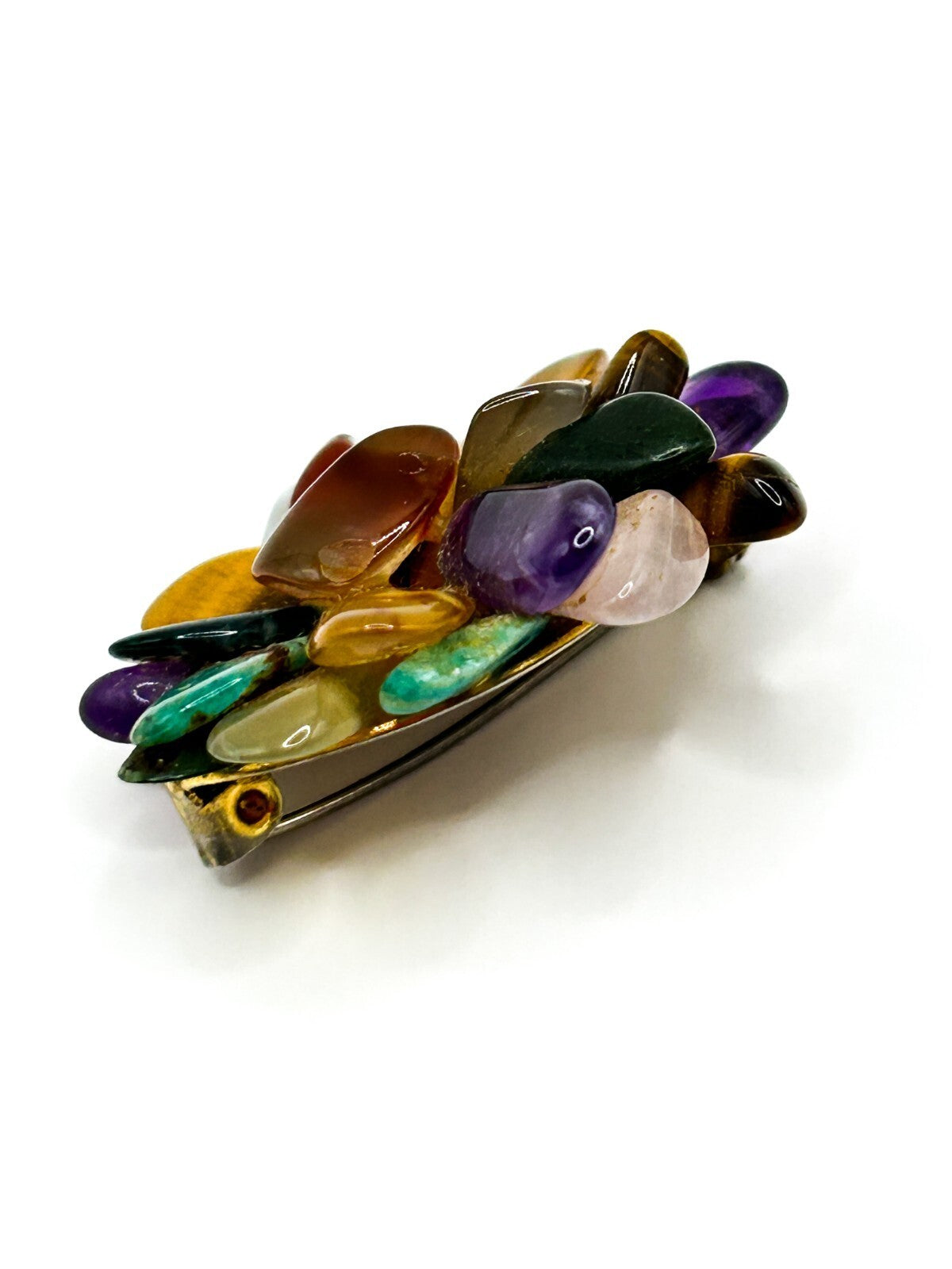Vintage Semi Precious Gemstone Cluster Brooch Amethyst Carnelian Tigers Eye