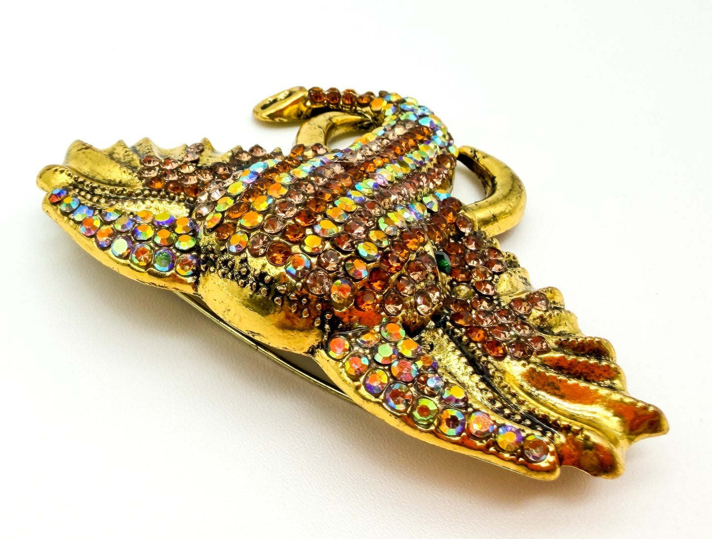 Vintage Elephant Head Brooch Gold Tone AB Orange Peach Rhinestones Green Eye