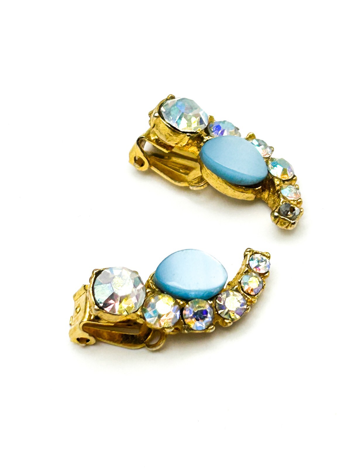 Vintage Blue Thermoset and Aurora Borealis Rhinestone Clip On Earrings