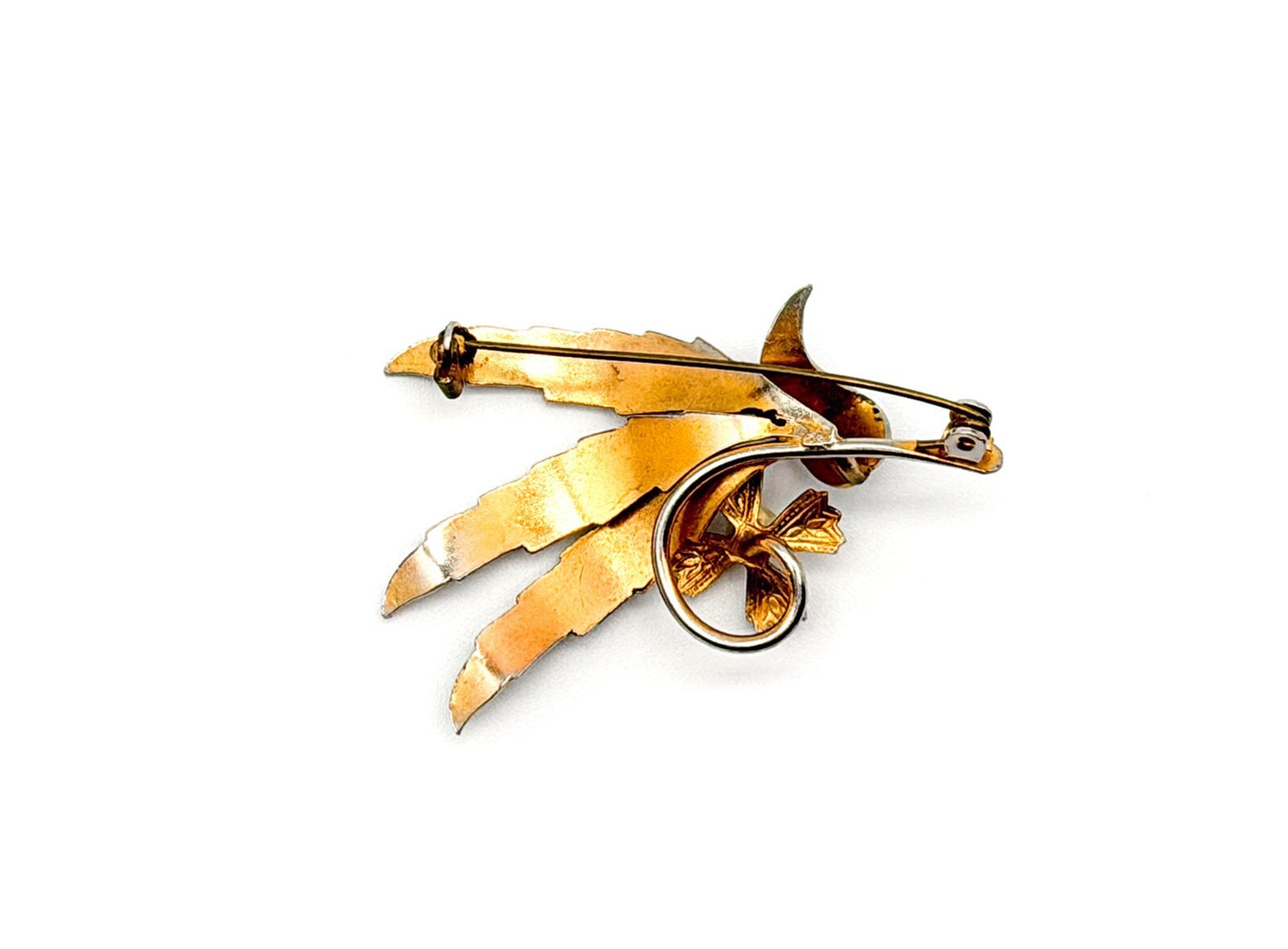 Toledo Damascene Leaf Brooch Gold Inlay Floral Vintage Spanish Pin 5.5cm