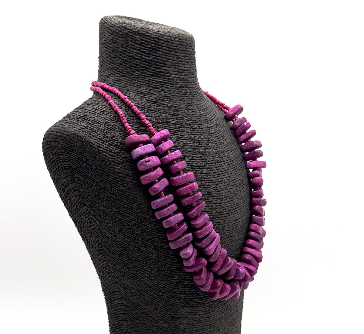 Dyed Purple Stone Chunky Statement Necklace Double Strand Magenta Beads Summer
