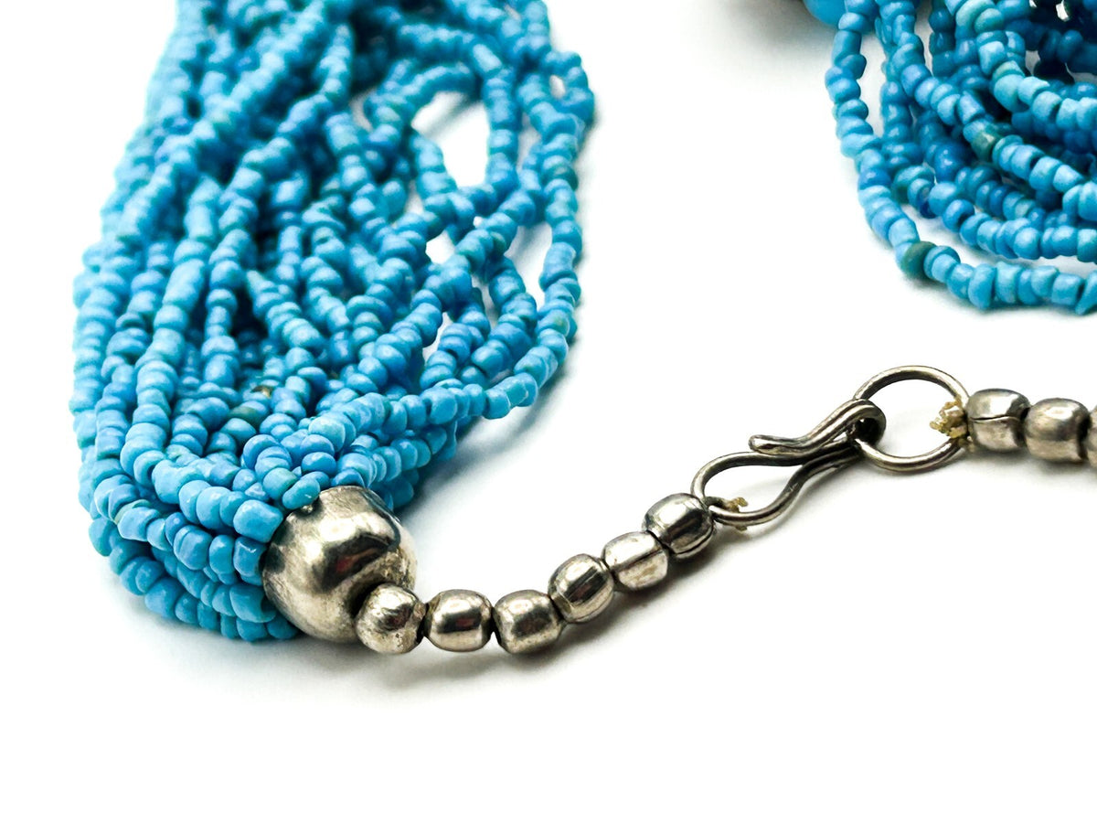 Turquoise Glass Multi Strand Beaded Necklace Statement Silver Tone Red Blue