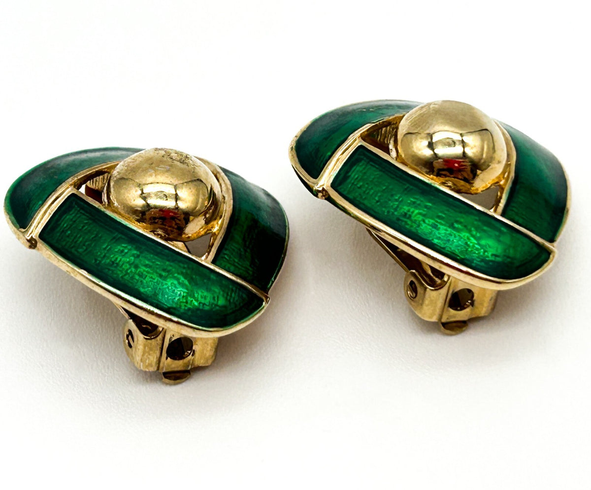 Vintage Gold Tone Green Enamel Knot Clip On Earrings – Late 80s / Early 90s