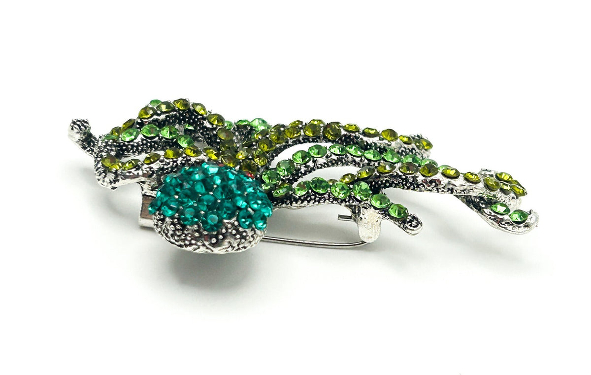 Vintage Rhinestone Octopus Brooch – Green & Teal Crystal Statement Pin