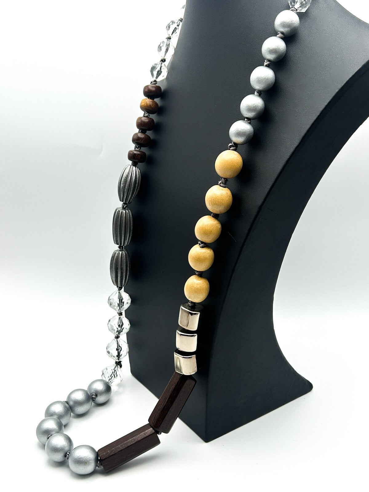 Mixed Material Statement Necklace Wood Silver Black Beads Chunky Modern 18”