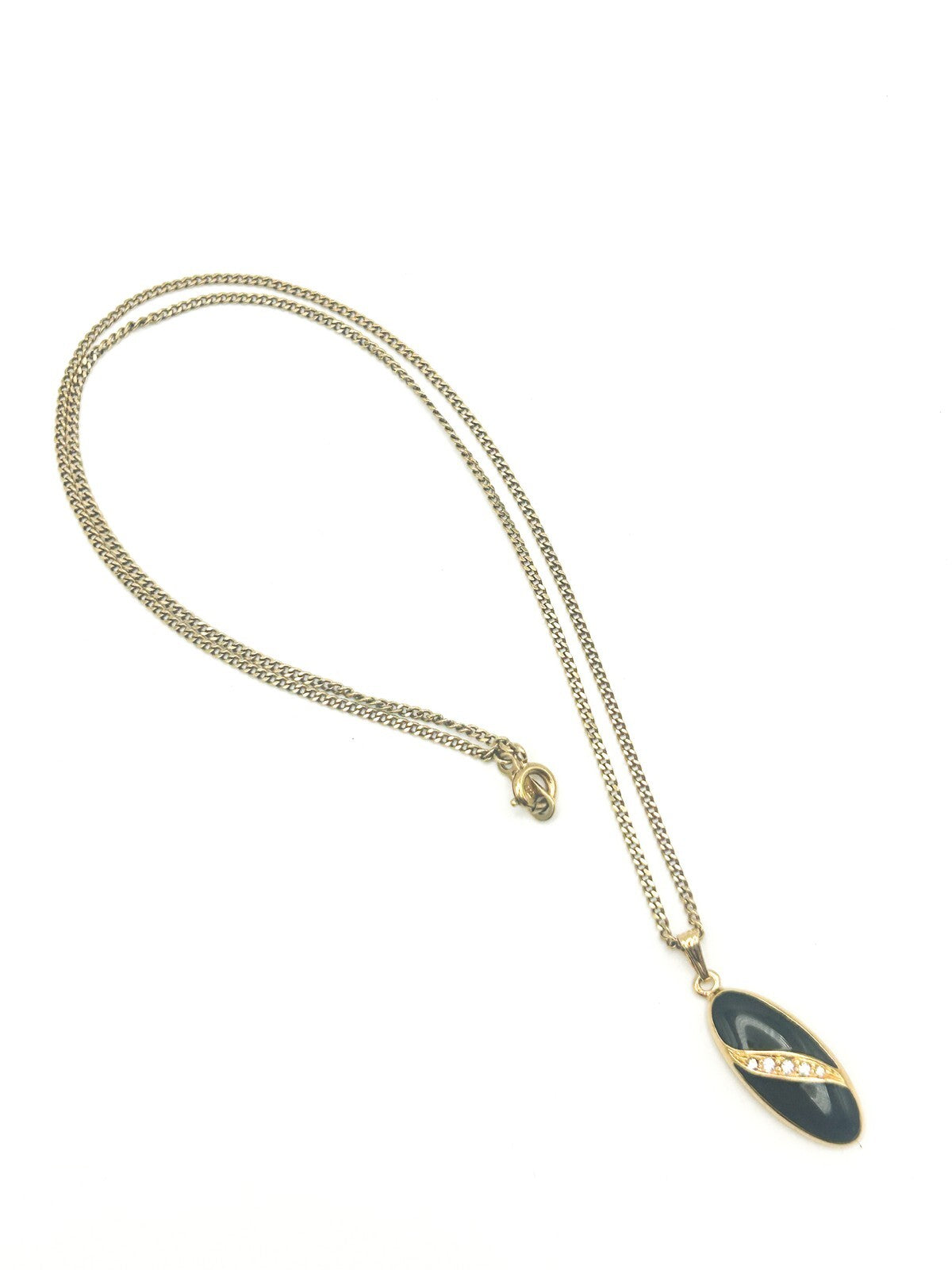 Vintage Avon Black Enamel, Rhinestone & Gold Tone Pendant Necklace 80s Style