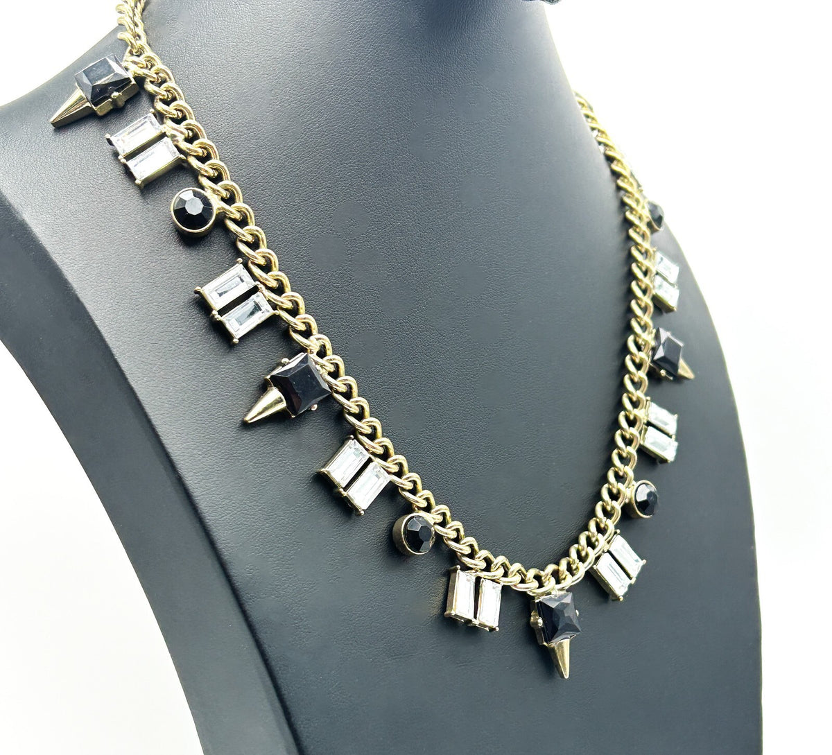 Gold Tone Curb Chain Necklace Black Clear Rhinestone Drop Charms Geometric 19”