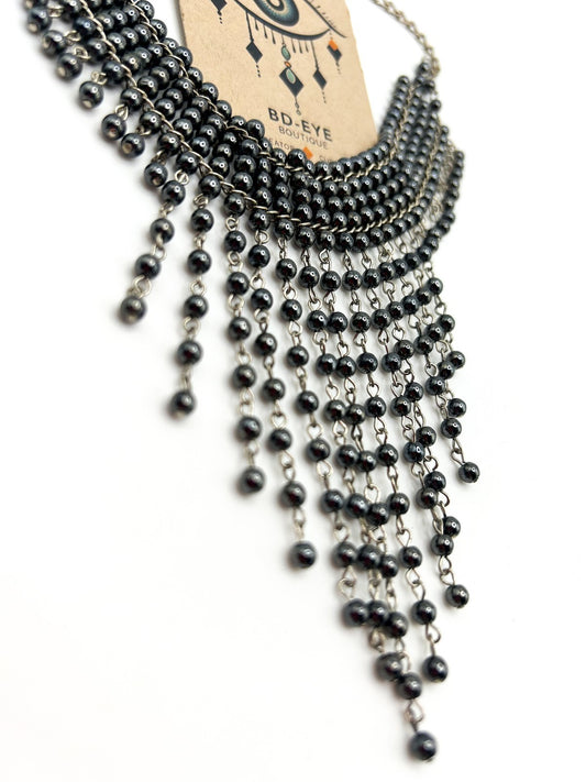 Gunmetal Glass Faux Pearl Tassel Choker Necklace – 34g