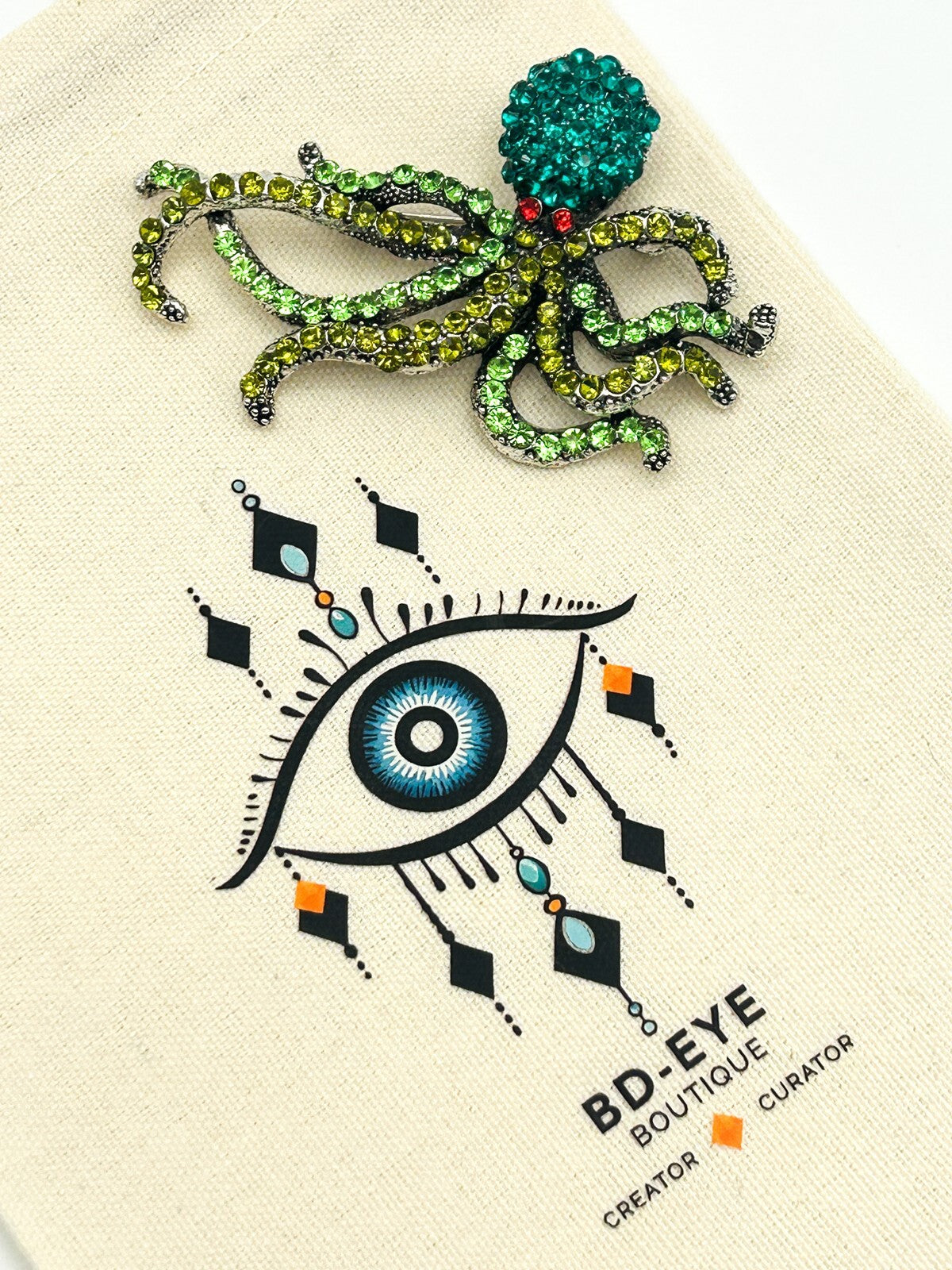 Vintage Rhinestone Octopus Brooch – Green & Teal Crystal Statement Pin