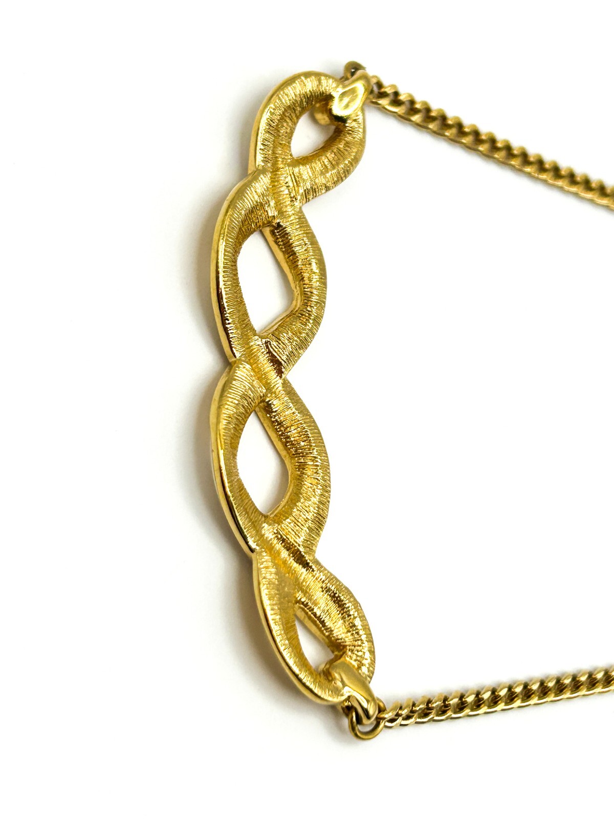 Signed Monet Gold Tone Chain Necklace with Cream Enamel Ribbon Pendant