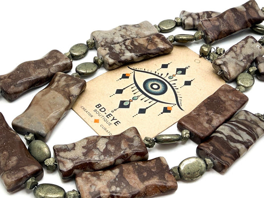 Chunky Carved Jasper Necklace Semi Precious Pyrite & Hematite - Gemstone Boho