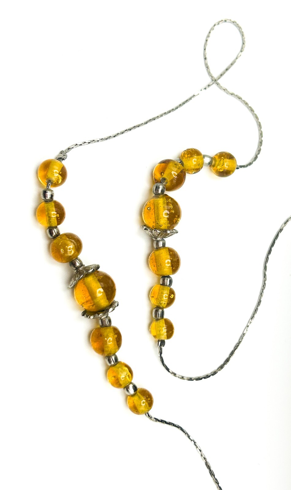 Vintage Graduated Long Amber Glass Bead Necklace on Silver-Tone Chain 70s Retro