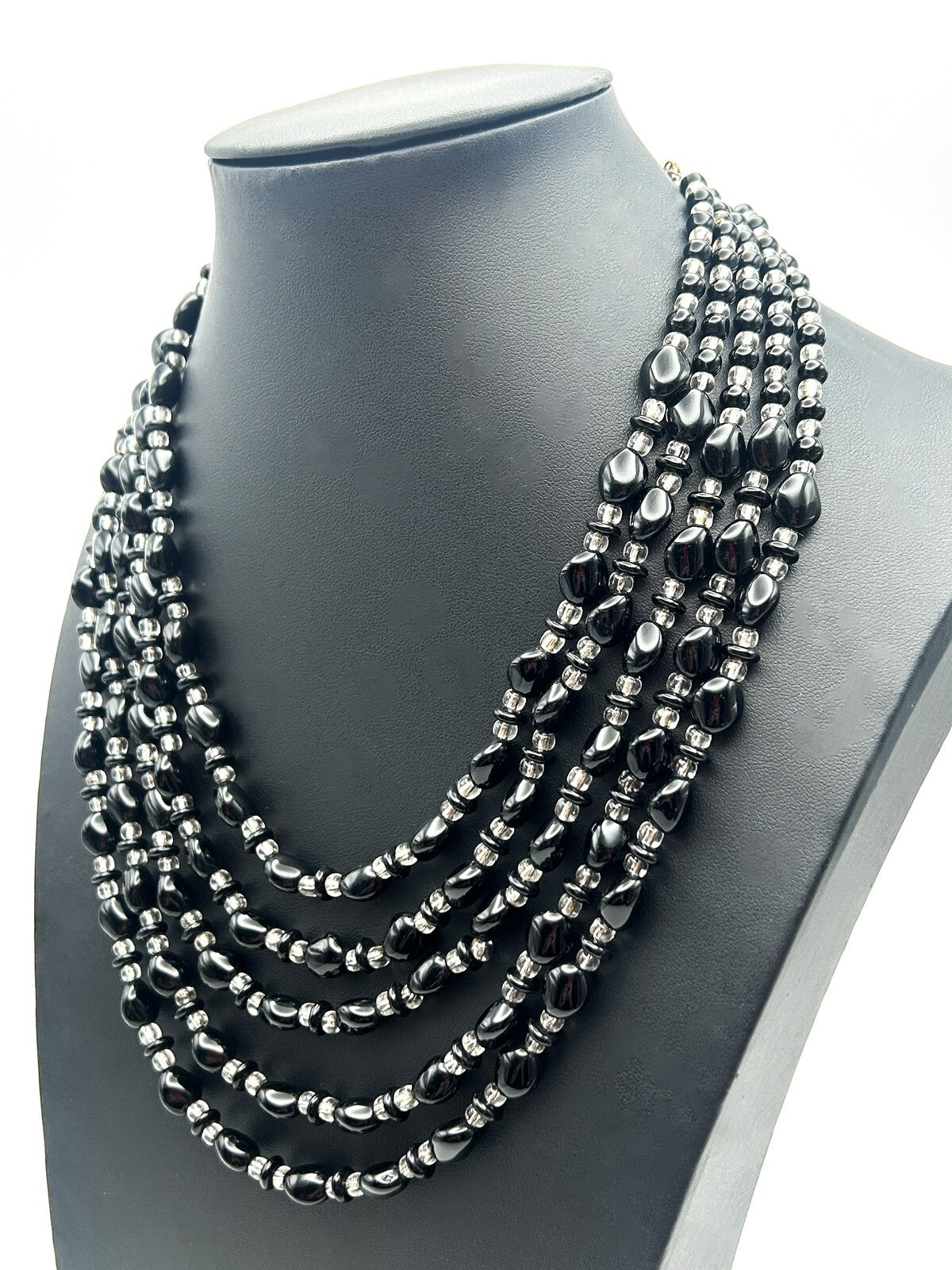 Vintage 5 Strand Black & Clear Glass Beaded Statement Necklace Heavy Layered