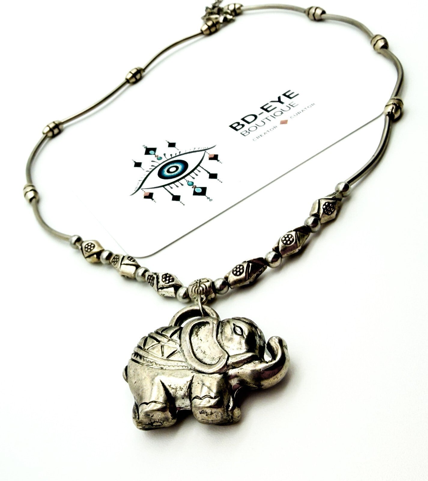 Elephant Pendant Necklace Silver Tone Beaded Tribal Boho Style Animal Charm Cute