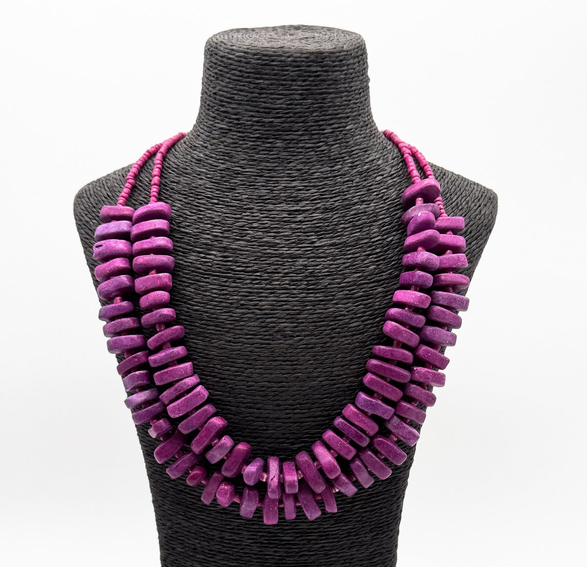 Dyed Purple Stone Chunky Statement Necklace Double Strand Magenta Beads Summer