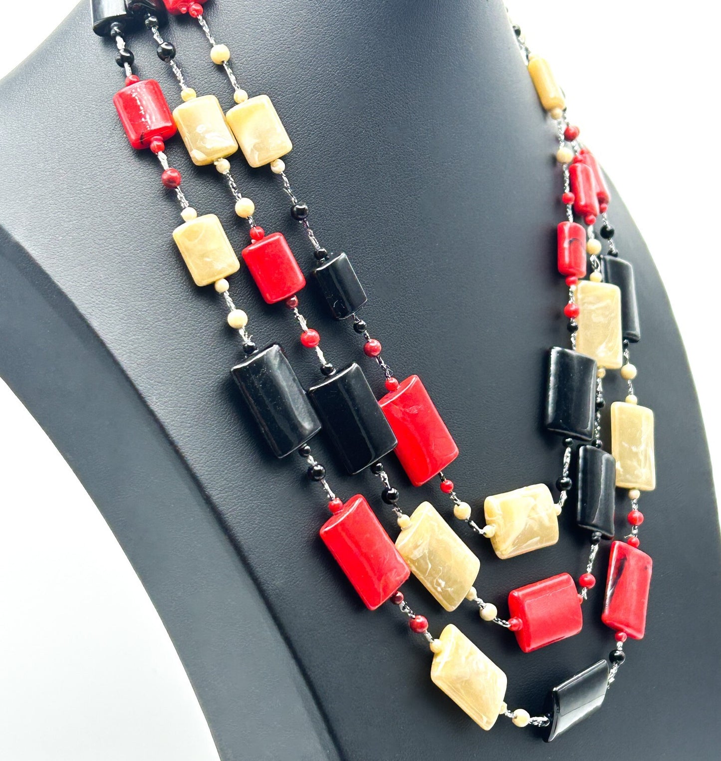 Vintage Klass Multi Strand Necklace Red Black Beige Acrylic Statement Necklace
