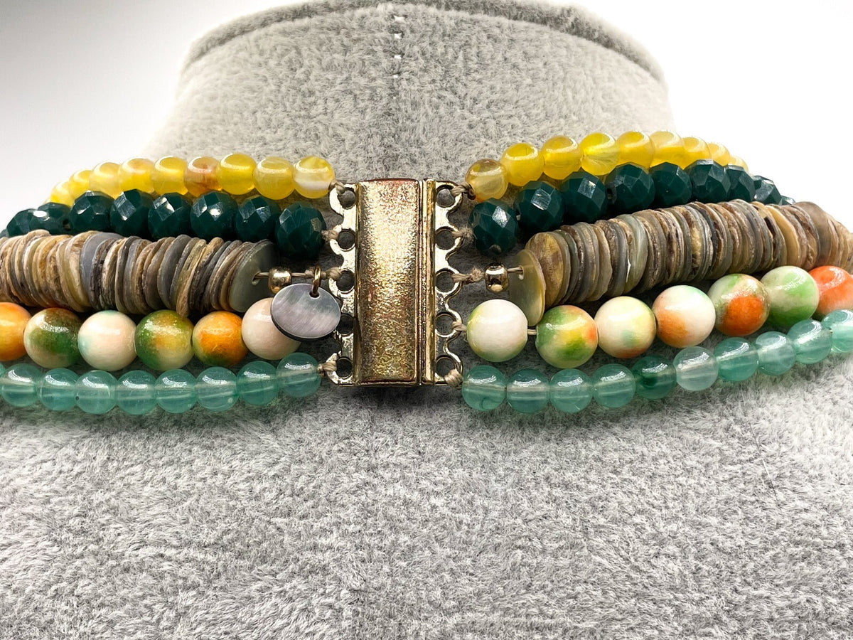 Five-Strand Layered Bead Necklace in Green, Yellow and Orange