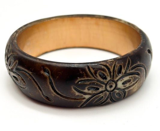 Vintage Carved Floral Organic Material Bangle Brown Boho Statement Bracelet