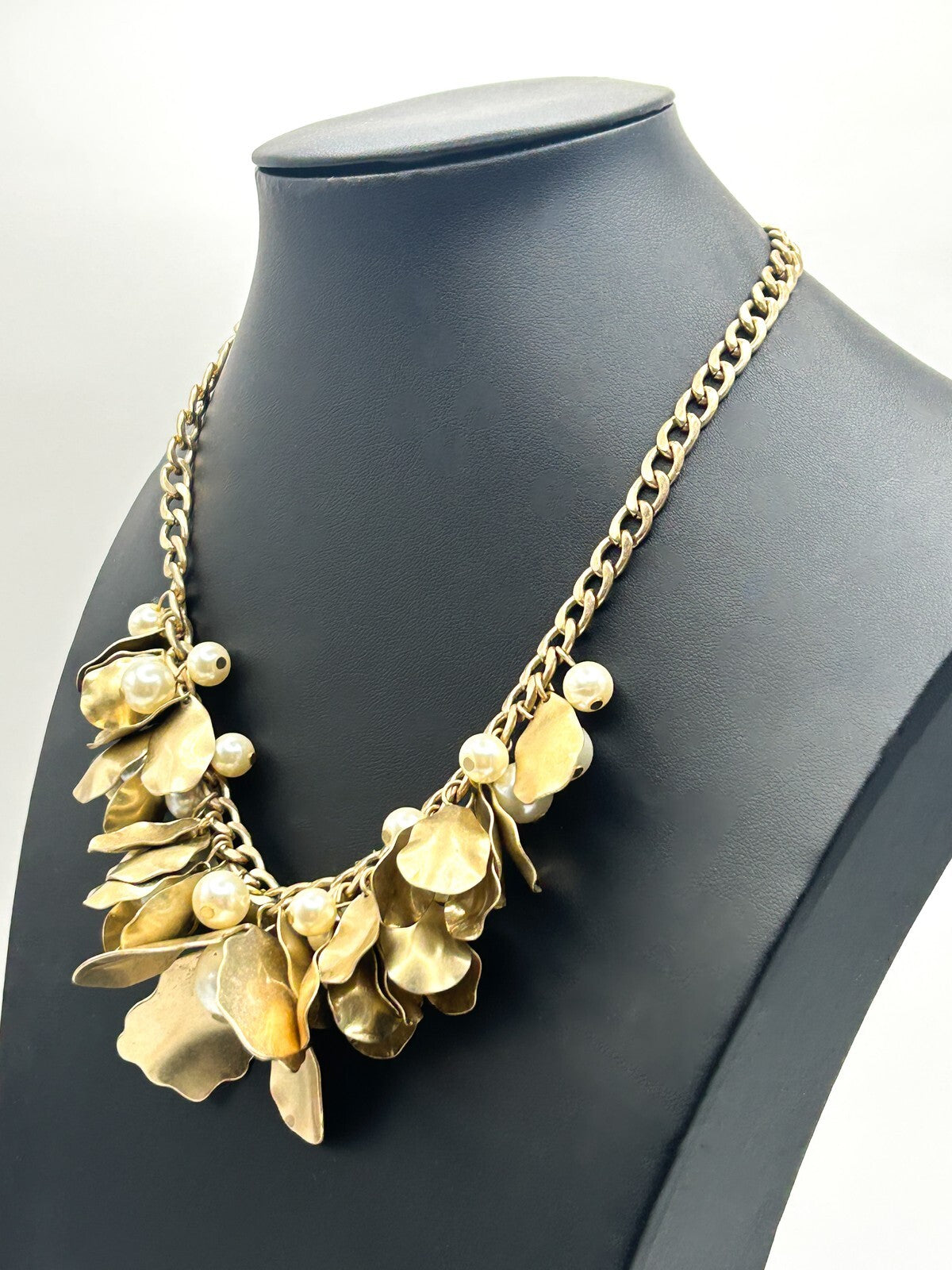 Vintage Per Una Gold Tone Floral Statement Necklace – Faux Pearl Detail, 17”