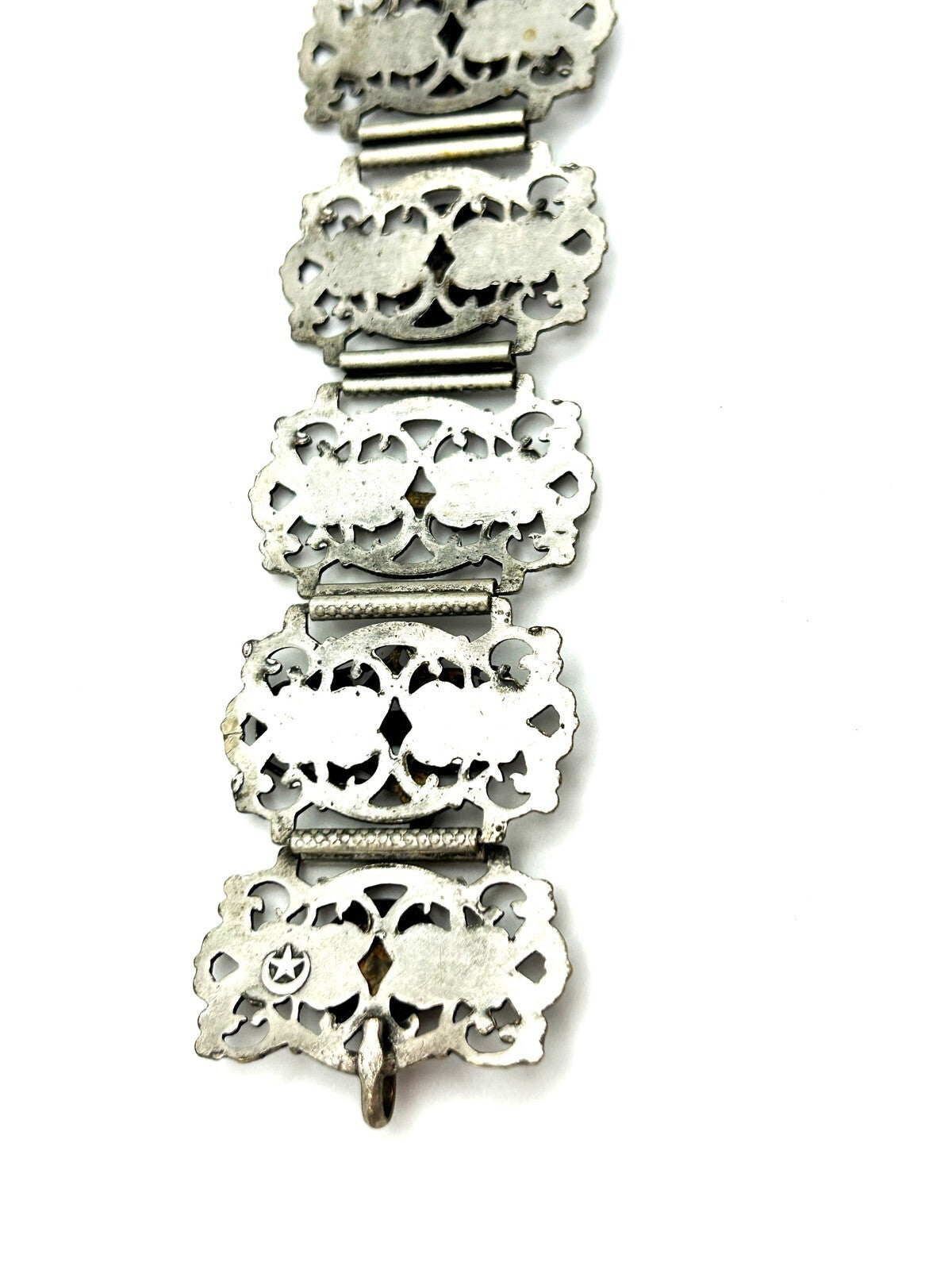 Moroccan Souvenir Silver Tone Filigree Panel Bracelet Elephant Hamsa 8.5”