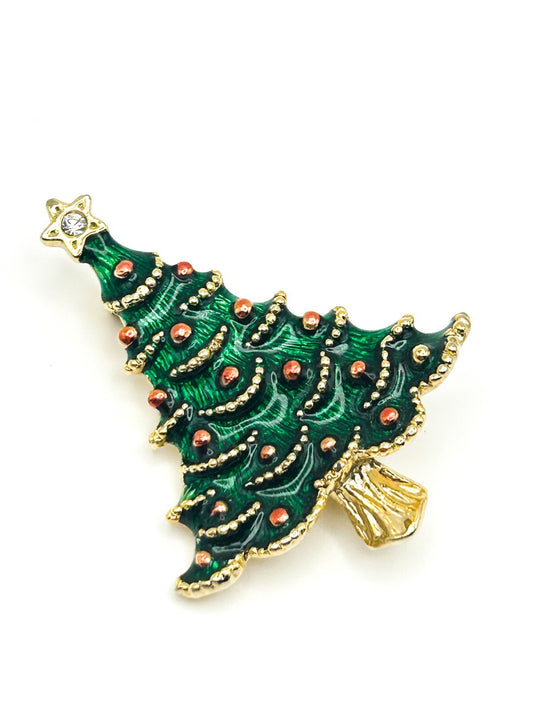 Vintage Enamel Christmas Tree Brooch - Festive Figural Fun Gold Tone