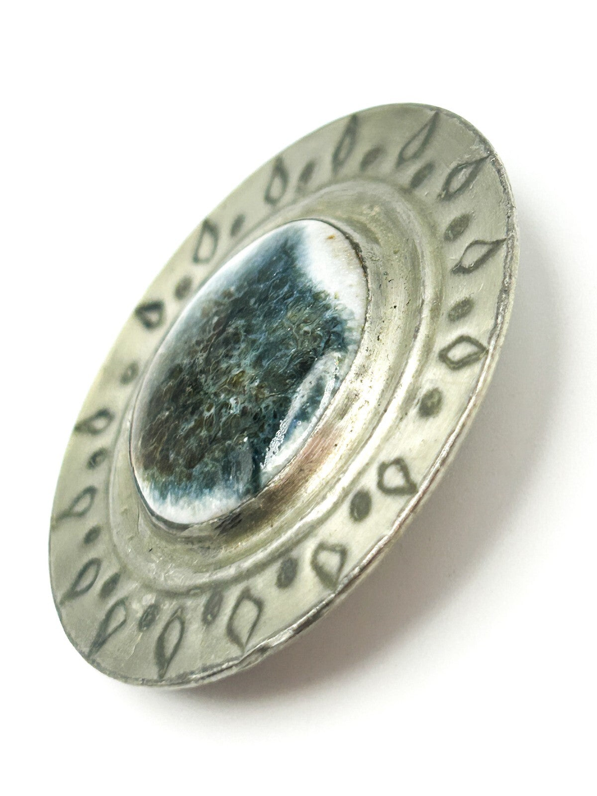 Carol Black Brooch Ceramic Centre Silver Tone Round Artisan Pin