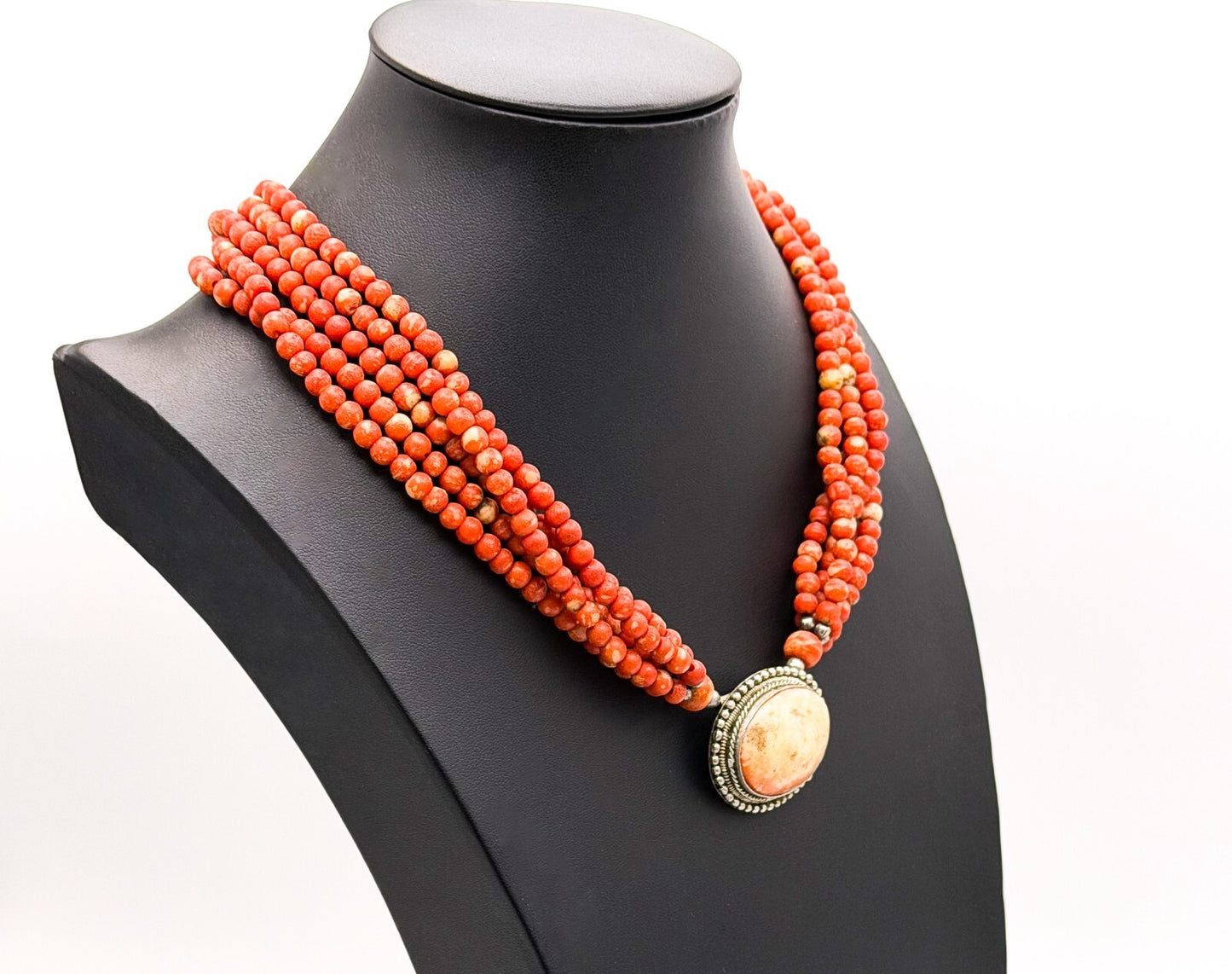 Multi Strand Red Coral Bead Necklace Ornate Oval Pendant 19 Inch Statement