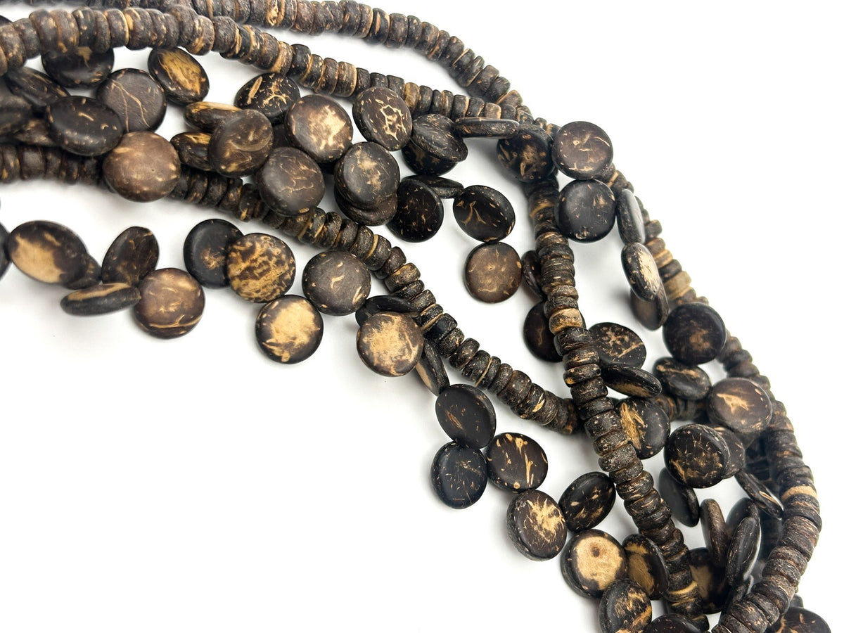 Natural Organic Coconut Shell Discs Layered Necklace Wood Accent Beads