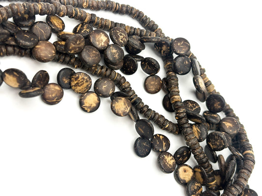 Natural Organic Coconut Shell Discs Layered Necklace Wood Accent Beads