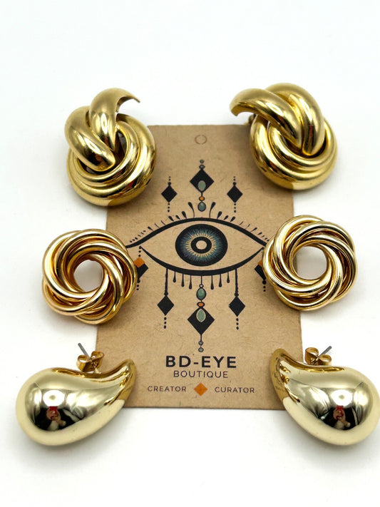 Gold Tone Statement Stud Earrings Set Knot Swirl Teardrop Trio