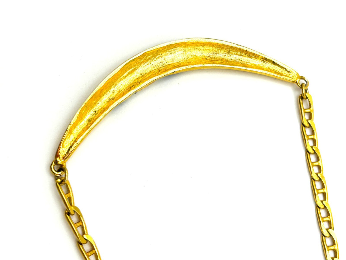 Gold Tone Black Enamel Rhinestone Necklace Figaro Chain Vintage Style