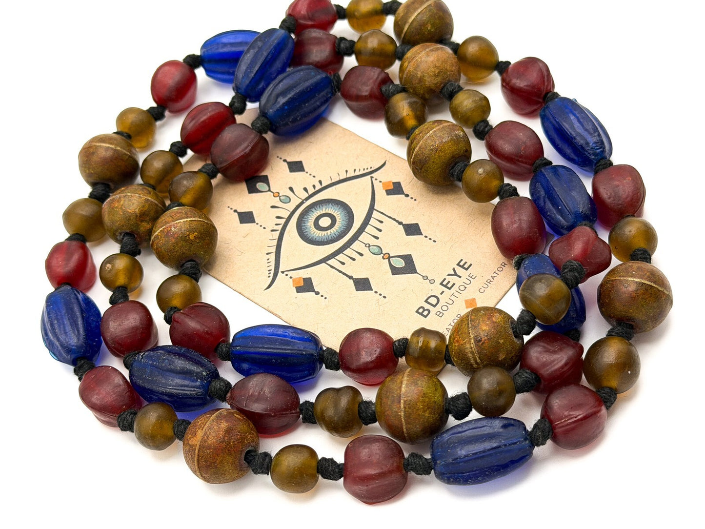 Vintage Blue, Red & Amber Frosted Glass African Trade Bead Necklace, Boho