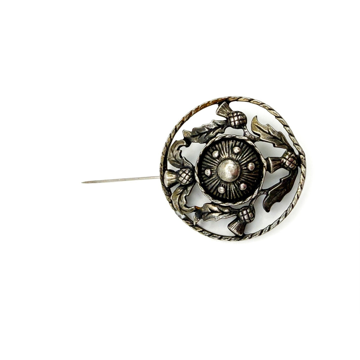 Vintage Scottish Thistle Brooch – Pewter Silver Tone Flower Round Brooch Pin