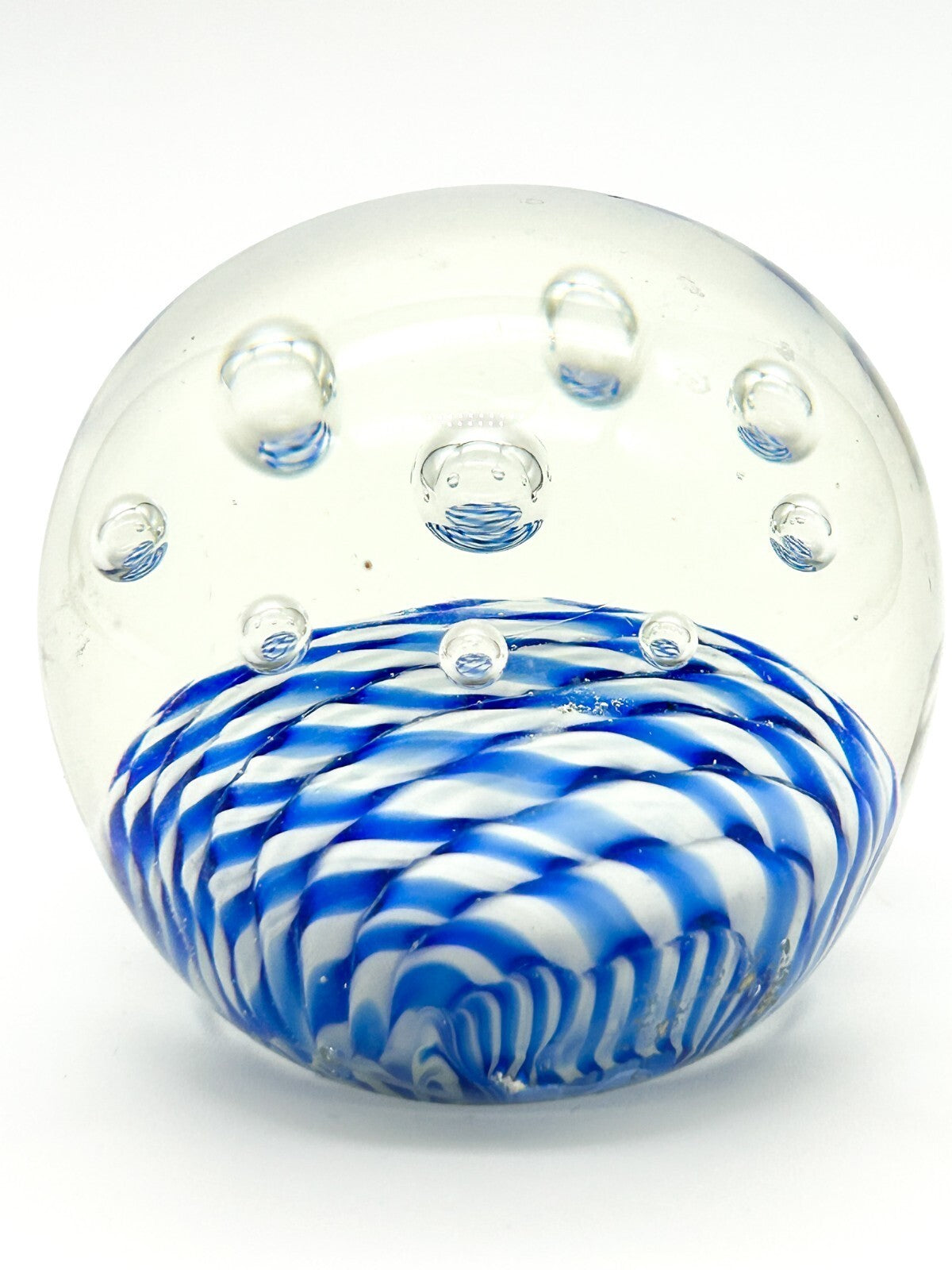 Vintage Blue White Stripes Bubbles Art Glass Paperweight Dome Controlled Bubbles