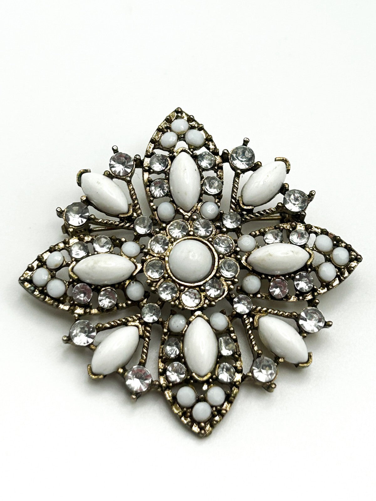 Vintage White Marquise and Round Cabouchon and Rhinestone Flower Brooch