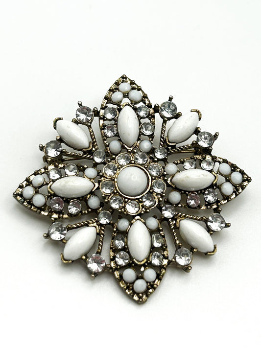 Vintage White Marquise and Round Cabouchon and Rhinestone Flower Brooch