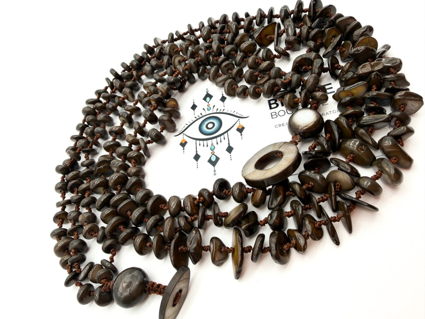 Hand Knotted Shell Chip Necklace Brown Layered Boho Necklace