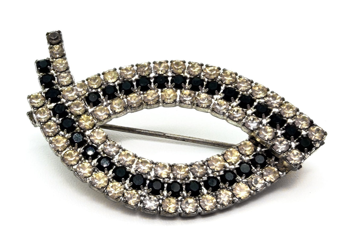 Art Deco Style Rhinestone Brooch Blue Clear Crystal Leaf Marquise SilverTone Pin