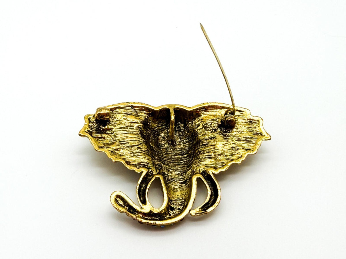 Vintage Elephant Head Brooch Gold Tone AB Orange Peach Rhinestones Green Eye