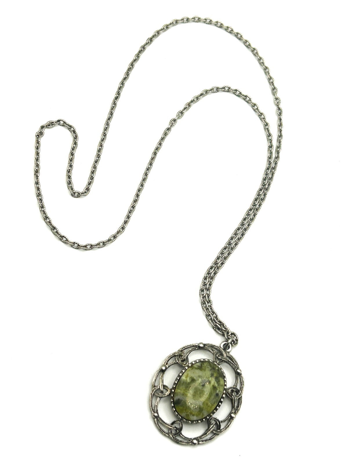 Vintage Silver Tone Openwork Pendant Necklace with Serpentine Cabochon