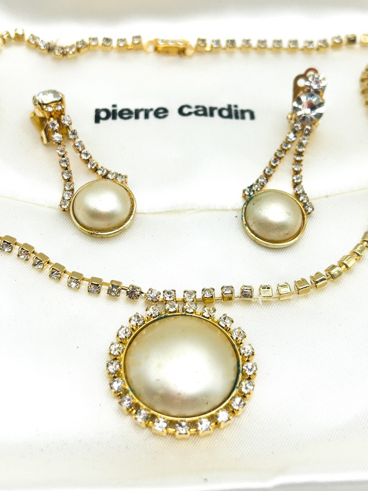 Vintage Pierre Cardin Faux Pearl & Rhinestone Necklace and Earrings - Gold Tone