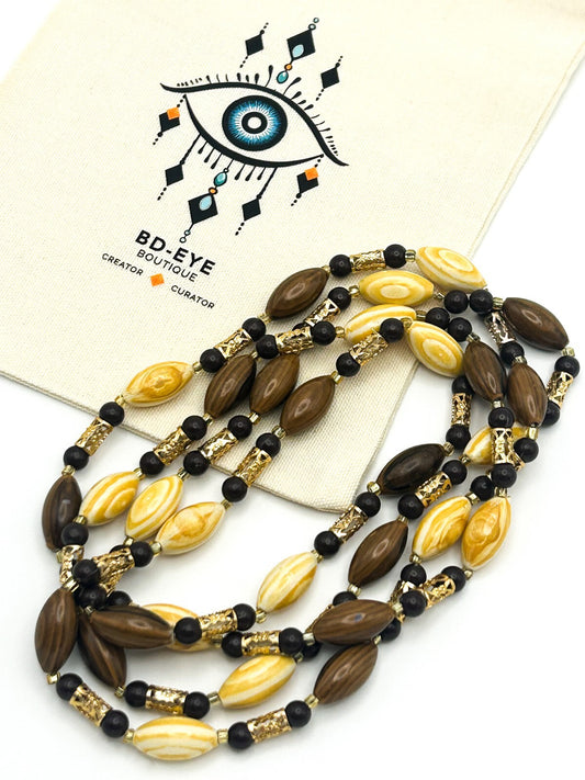 Vintage 70s Brown & Yellow Swirl and Gold Tone Openwork Tube Bead Long Necklace