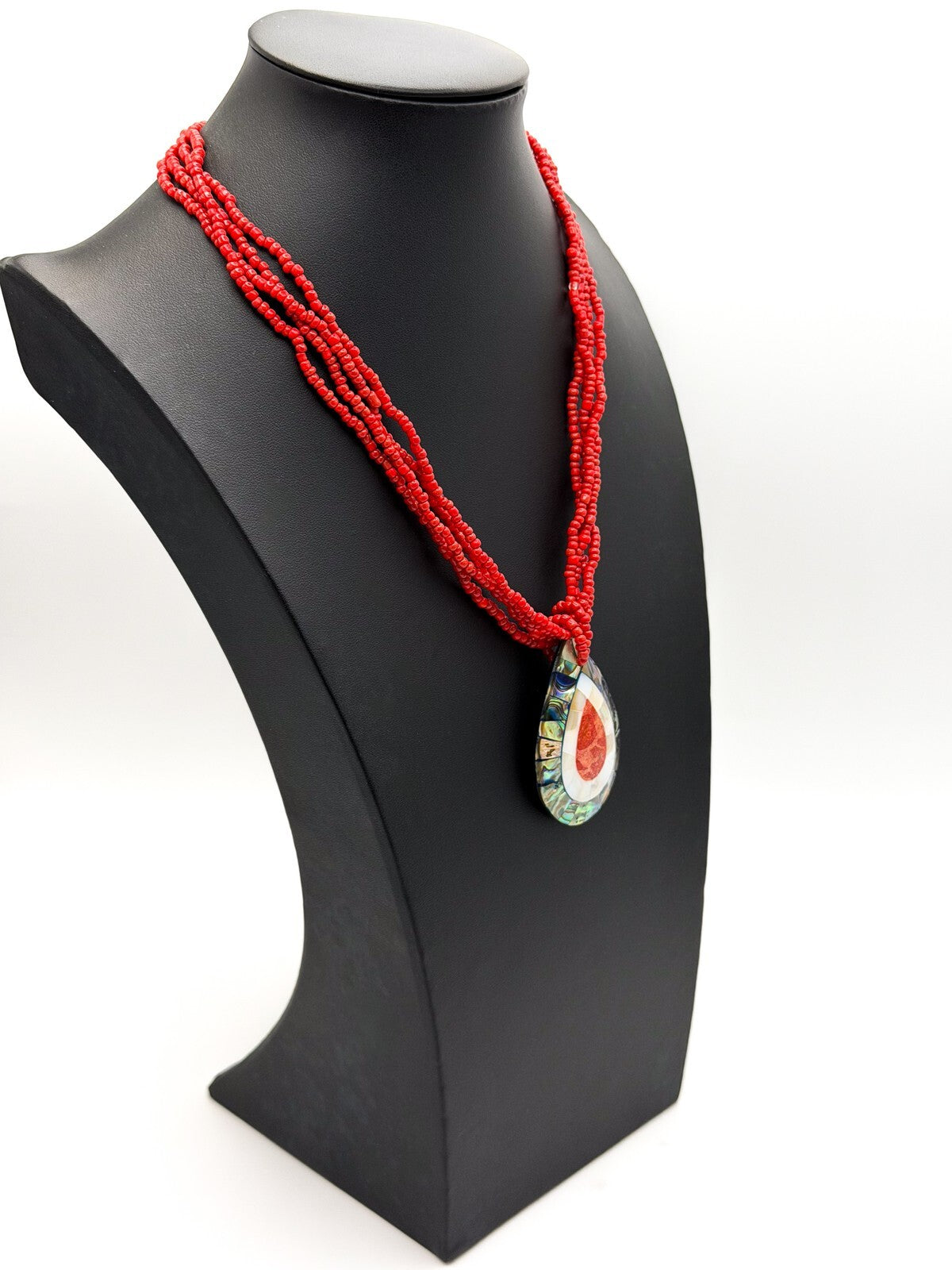 Twisted Red Seed Bead Necklace with Abalone, Mother of Pearl & Coral Teardrop Pe