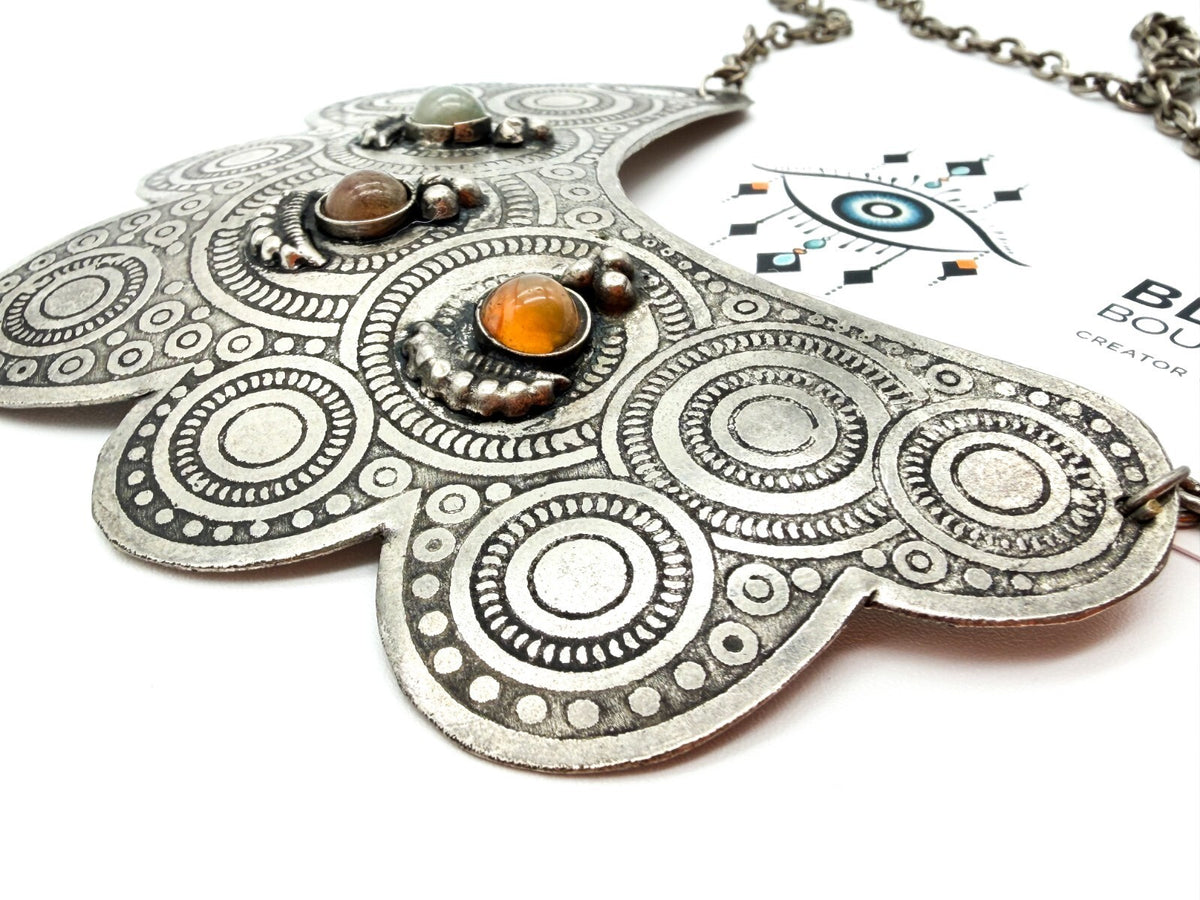 Silver Tone Ornate Ethnic Style Bib Necklace with Semi-Precious Agate Cabochons