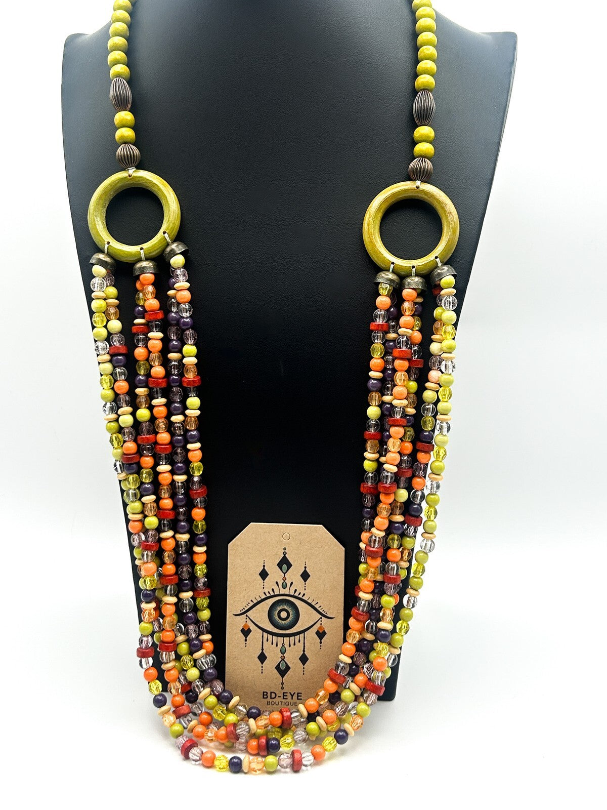 Vintage Multi-Strand Beaded Necklace with Green Hoop Connectors