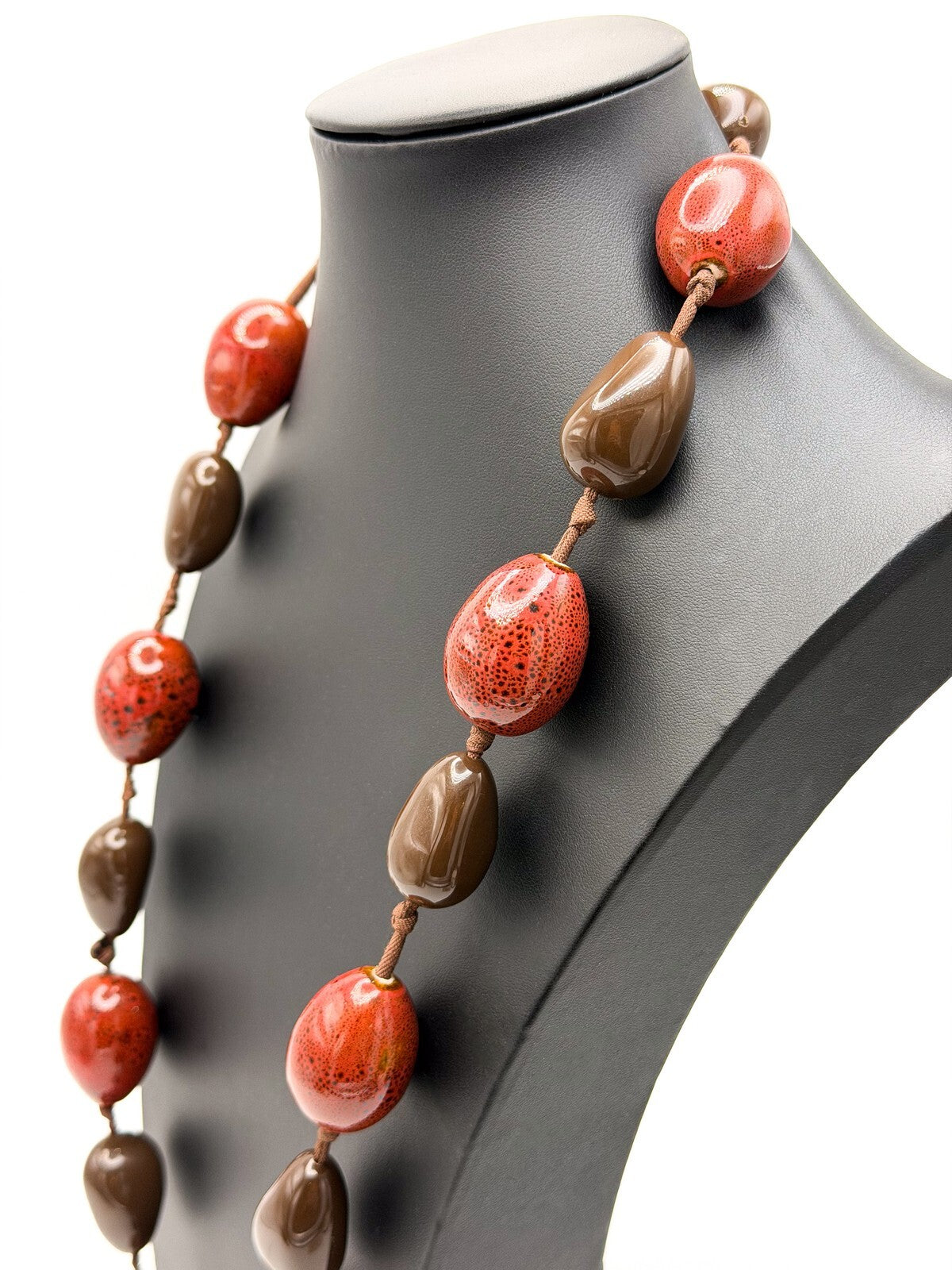 Chunky Red Ceramic & Brown Acrylic Long Statement Necklace – Heavy Cord Knotted