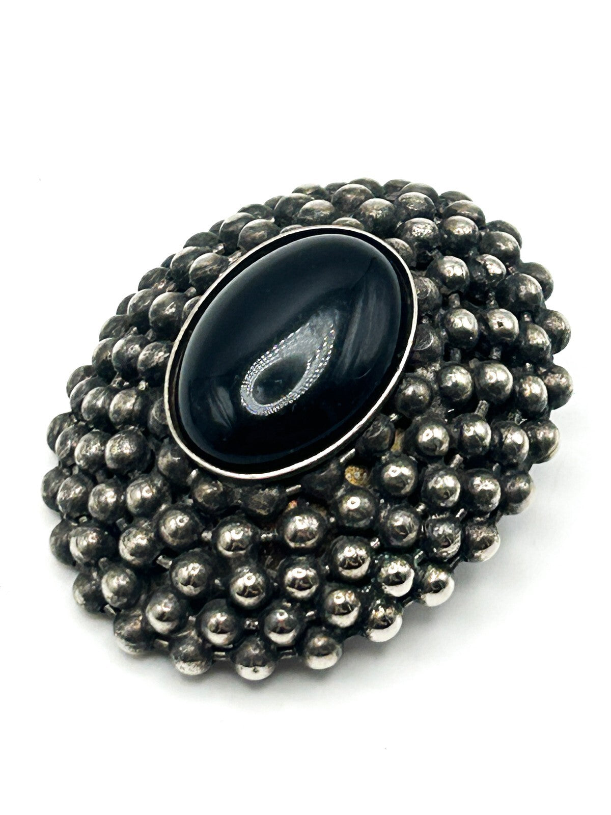 Vintage Black Cabochon Brooch Victorian Revival Style Silver Tone Domed Pin