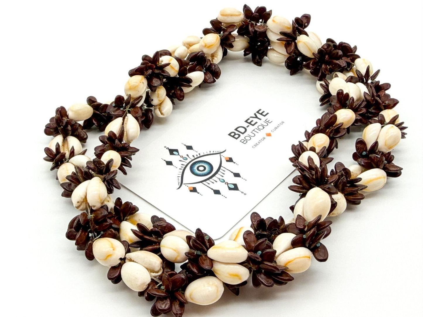 Cowrie Shell Koa Seed Cluster Necklace Boho Tribal Tropical Statement Natural