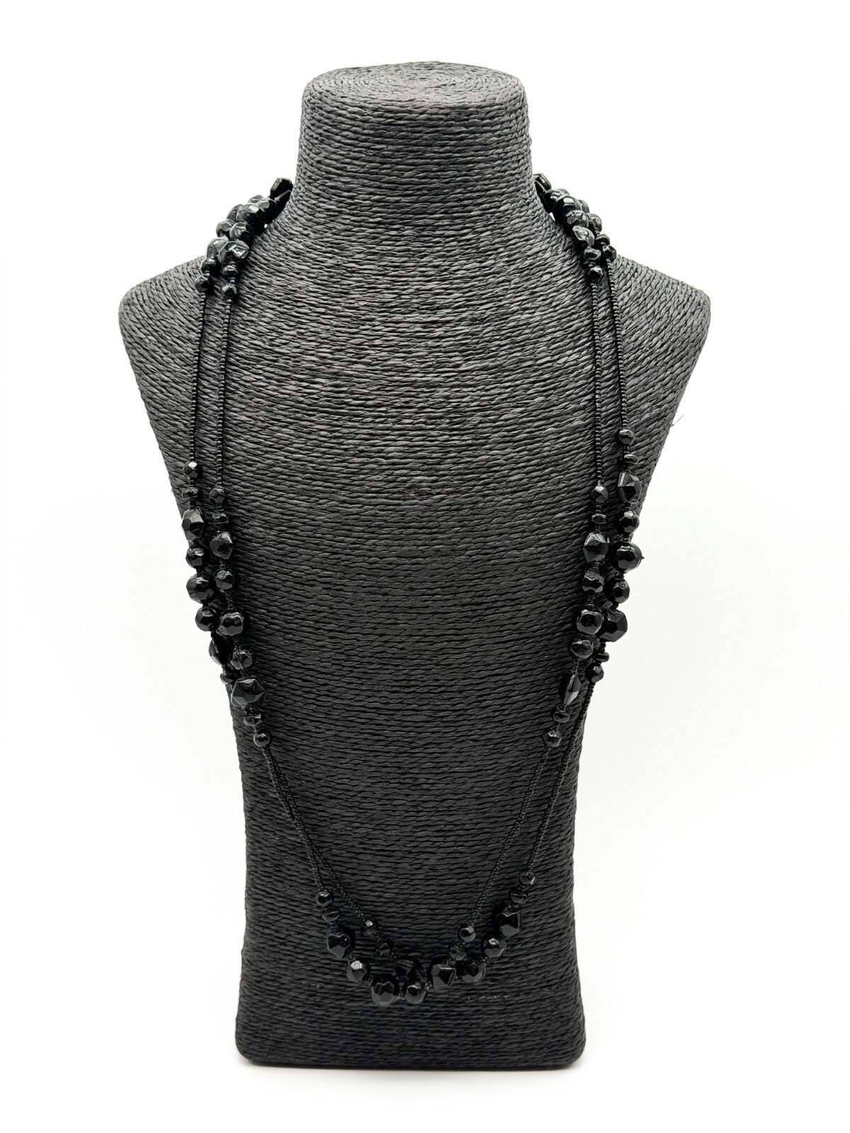 Vintage Black Glass Bead Long Necklace 30” Continuous Statement Strand